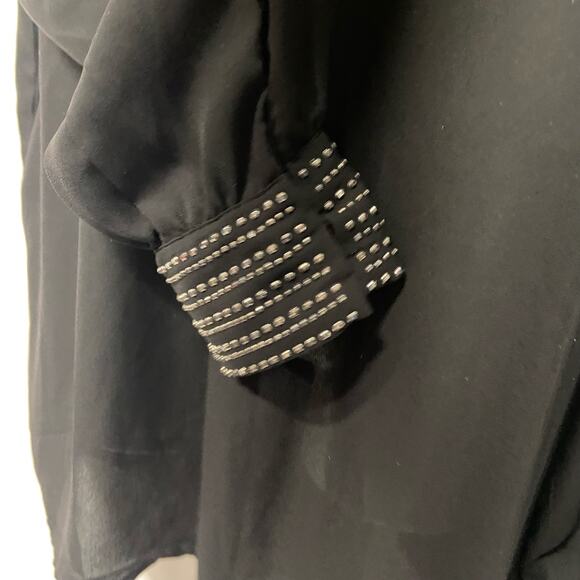 Janet Chung Top Shear Dark Black Sequin Studs Blouse Dressy Size L - Picture 5 of 10